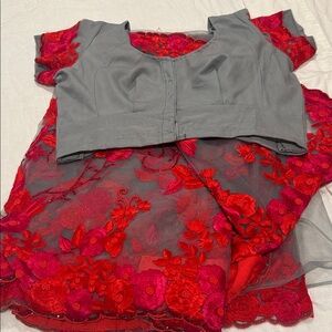 Indian net saree / sari Gorgeous Embroidered Gray and Red/ orange red